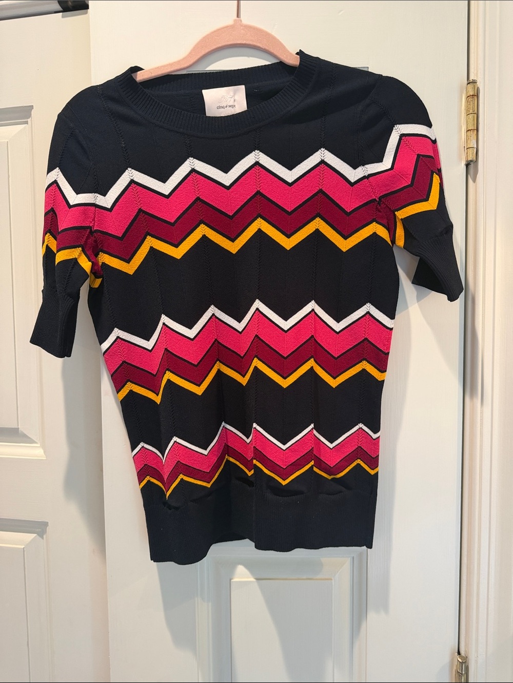 cinq a sept Black Short-Sleeve Top with Pink, White & Yellow Chevron Stripes